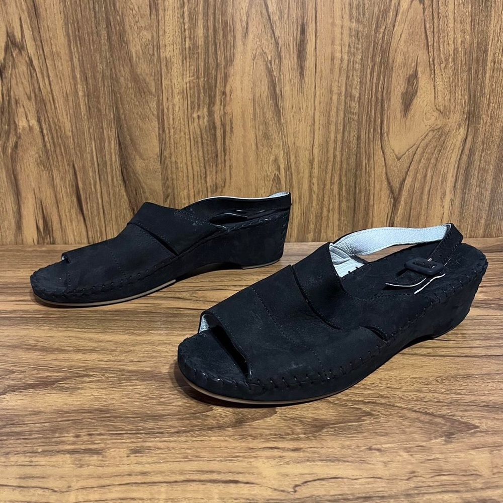 La Plume Black Leather Suede Open Toe Sandals Slingback Wedge Shoes 41